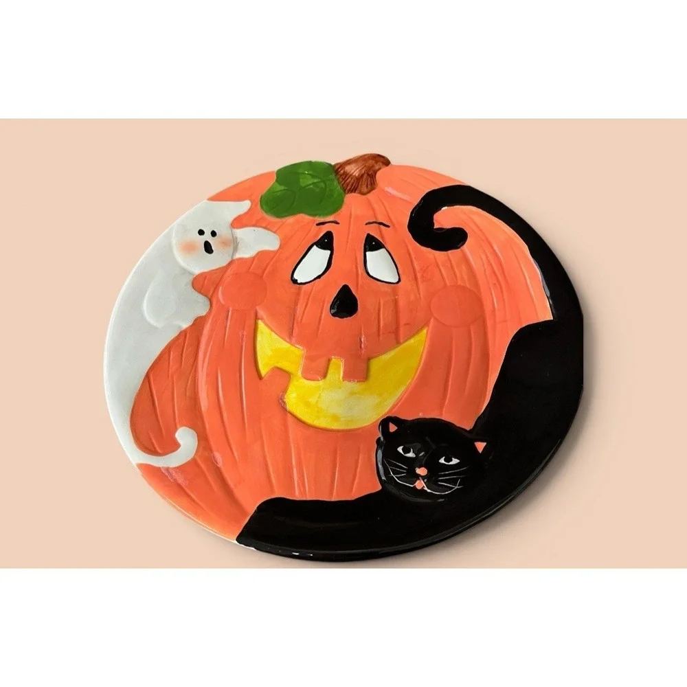Halloween Jack-O-Lantern Ghost Black Cat Multicolor Dinner Snack Canape Plates 2